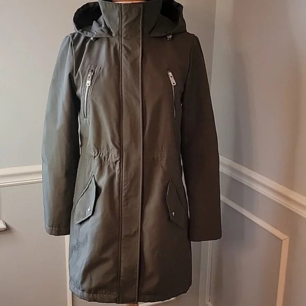 KENNETH COLE Army Green‎ Attached Hood Full Zip Designer Trench Rain Coat S